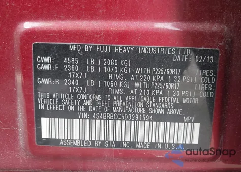 2013 Subaru Outback 2.5I Premium from USA, damaged, VIN 4S4BRBCC5D3291594